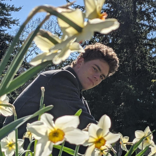 Martin sitting in a field of flowers